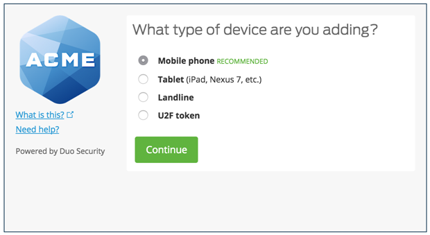Duo Security Choose Authentication Device Type Screen