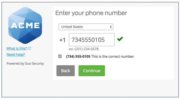 Duo Security Enter Mobile Number Screen
