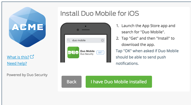 Duo Security installation screen for iOS Mobile App