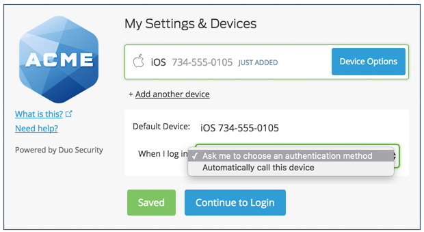 Duo Security Settings and Devices Screens