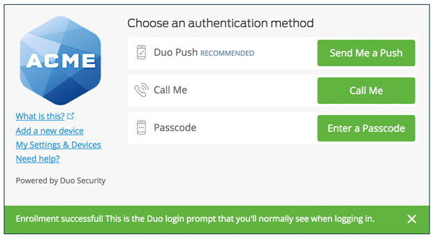 Duo Security Choose Authentication Method Screen